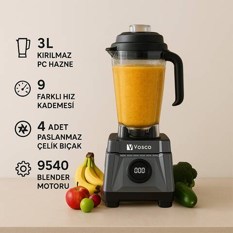 Vosco VHS-602C Dijital Pro Bar Blender, 3 L, Gri
